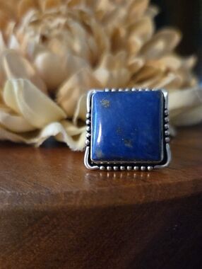 Lapiz Lazuli Square Ring 925 Sterling Silver Overlay Size 10¼ NEW